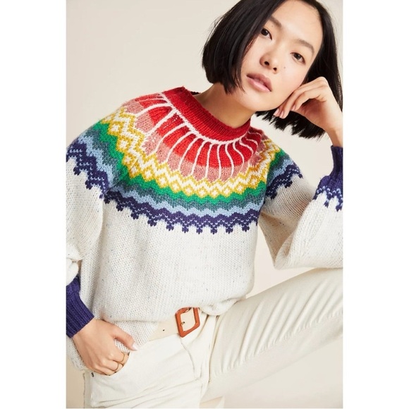 Anthropologie Saylor
Rainbow Balloon-Sleeve Intarsia Sweater size Large NWT - Picture 3 of 13